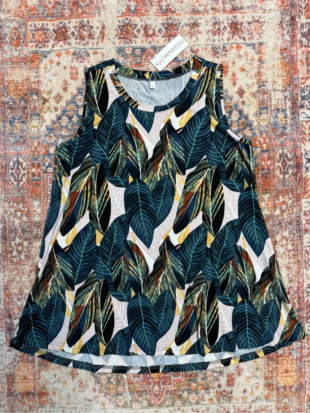 Tropical Leaf Print Sleeveless Tunic Tank Top Large NWT